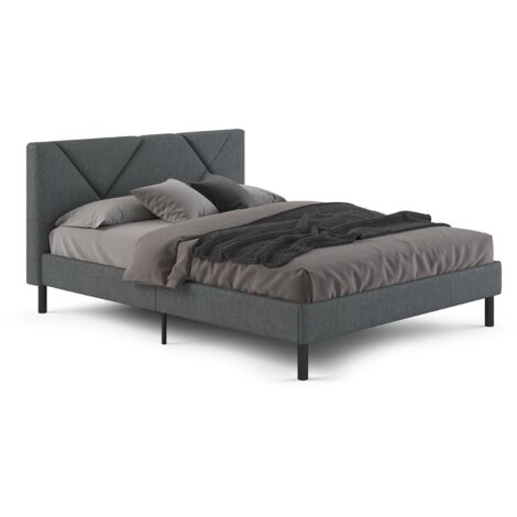 Dmora - Letto matrimoniale Caldes, Letto imbottito in tessuto con testiera, Doghe in legno, adatto a materasso da 160x190, Grigio