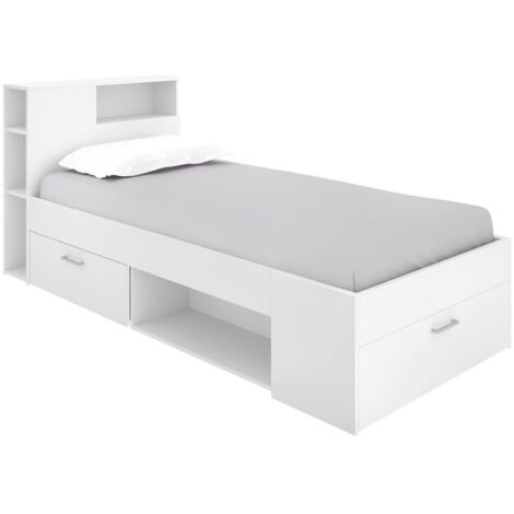 Dmora - Letto per bambini Adrielle, Lettino per cameretta con testiera, Struttura per letto singolo con cassetto e scaffali, 218x99h96 cm, Bianco