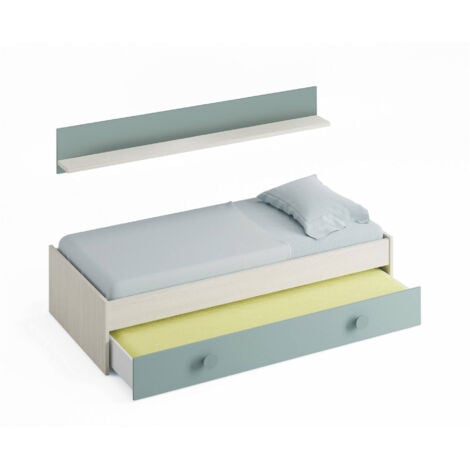 Dmora - Letto per bambini Aqua, Struttura letto per cameretta, Letto con lettino estraibile e mensola, 201x98h43 cm, Bianco e Verde acqua