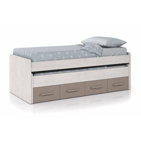 Dmora - Letto per bambini Spokane, Struttura letto per cameretta, Letto singolo con lettino estraibile e 4 cassettoni, 198x96h69 cm, Bianco e Marrone