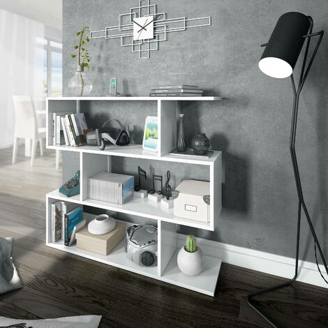 Dmora Librairie Hampton, Bibliothèque basse double face, Étagère à trois compartiments, Étagère de bureau moderne, cm 110x24h97, Blanc brillant, avec emballage renforcé