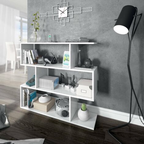 Dmora Librairie Hampton, Bibliothèque basse double face, Étagère à trois compartiments, Étagère de bureau moderne, cm 110x24h97, Blanc brillant, avec emballage renforcé