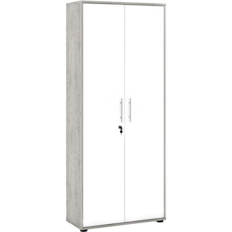 Dmora Libreria a 2 ante e 4 ripiani con serratura, scaffale per libri e documenti, Libreria portaoggetti da ufficio, cm 79x34h188, colore Bianco e Cemento, con imballo rinforzato