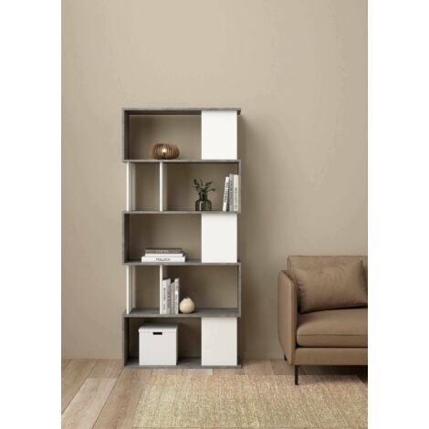Dmora Librería con 5 estantes asimétricos, blanco y gris, Medidas 80 x 175 x 29,5 cm, con embalaje reforzado