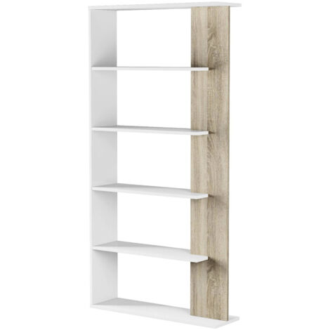 Dmora Libreria con cinque ripiani, colore bianco artik con dettaglio colore rovere, Misure 90 x 180 x 25 cm