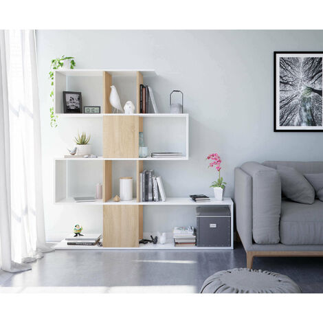 Dmora Libreria decorativa e funzionale con cinque scomparti, colore bianco con inserti color rovere, Misure 145 x 145 x 29 cm