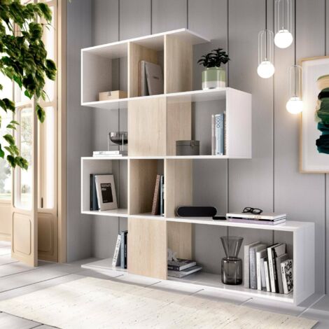 Dmora Librería decorativa y funcional con cinco compartimentos, blanca con inserciones en color roble, Medidas 145 x 145 x 29 cm, con embalaje reforzado