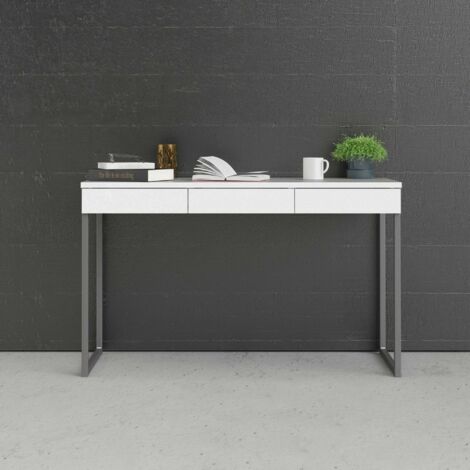 Dmora Linearer Schreibtisch mit drei Schubladen, weiß glänzend, 125 x 76 x 51 cm