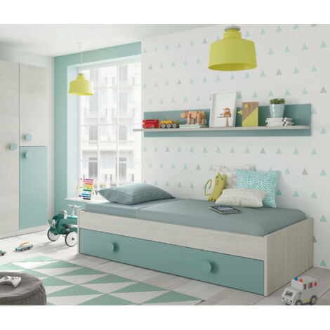 Dmora Lit à une place Lubbock, Cadre de lit pour chambre, Lit simple avec lit gigogne ou commode et étagère assortie, cm 201x98h43, Blanc et bleu sarcelle, avec emballage renforcé