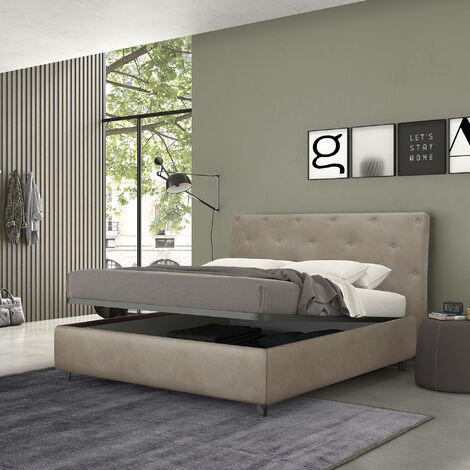Dmora Lit coffre doubleMozart, Fabriqué en Italie, Structure en tissu rembourré effet vintage, Convient pour matelas 160x190 cm, Beige