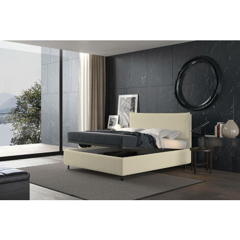 Dmora Lit coffre simple Puccini, Fabriqué en Italie, Structure en tissu rembourré, Convient pour matelas 80x190 cm, Crème