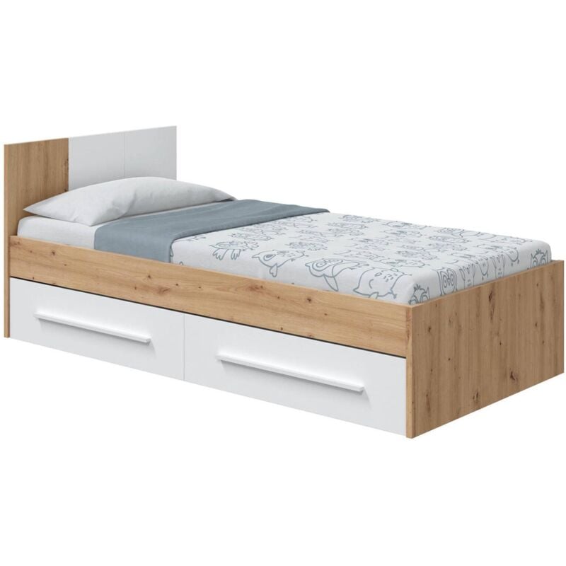 Lit simple Anaheim, Lit conteneur simple avec tête de lit, Cadre de lit avec 2 tiroirs pour chambre, cm 196x97h77, Chêne noueux et Blanc - Dmora