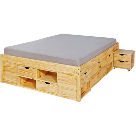 Dmora Lit double avec rangements et table de chevet inclus avec roulettes, coloris chêne, 166,5 x 47,5 x 209 cm