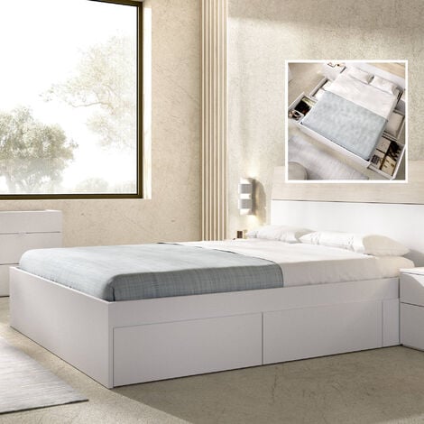 Dmora - Lit double Rotberg, Cadre de lit Sommier avec filet inclus, Structure de lit conteneur avec 4 tiroirs, 197x160h37 cm, Blanc, avec emballage renforcé