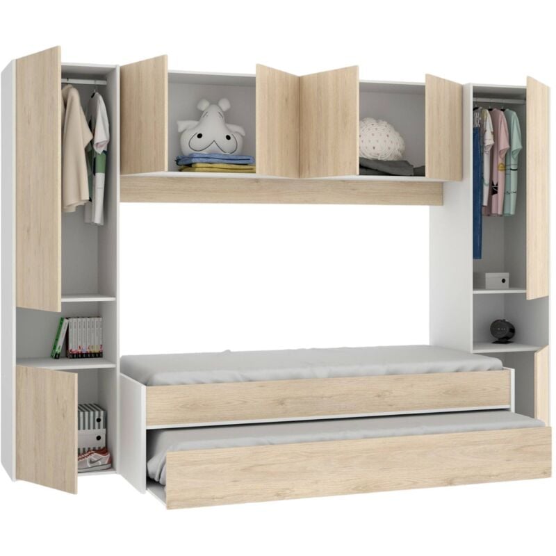 Dmora - Lit enfant Venturosa, Chambre complète avec armoire pont et commode, Composition avec lit et lit gigogne simple, 303x97h203 cm, Chêne et Blanc