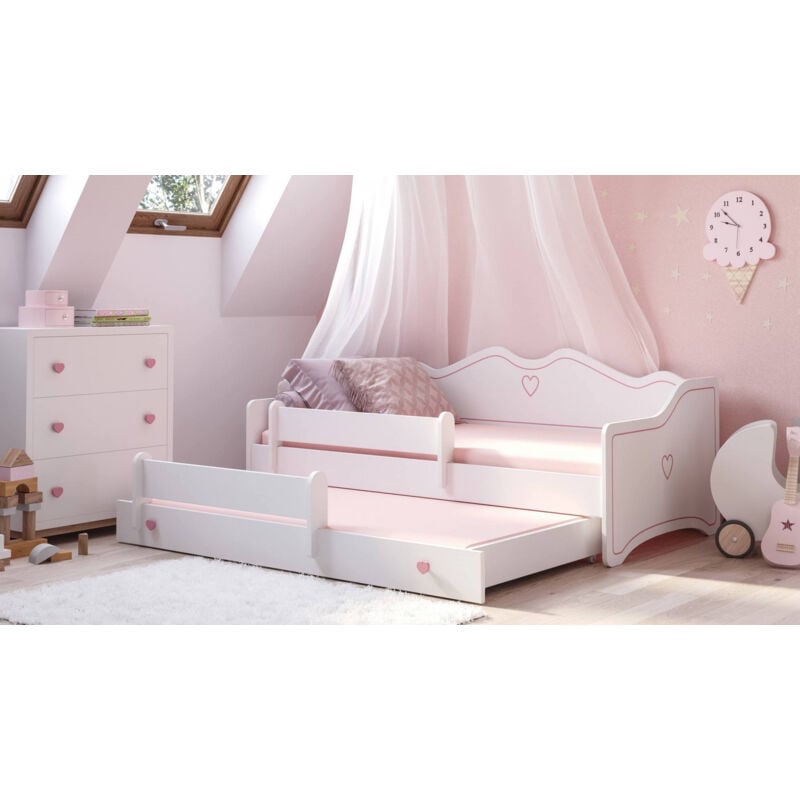 Dmora - Lit simple pour enfants, Canapé-lit avec deuxième lit gigogne, Lit décoré avec protection antichute, cm 164x88h70, Couleur Blanc et Rose