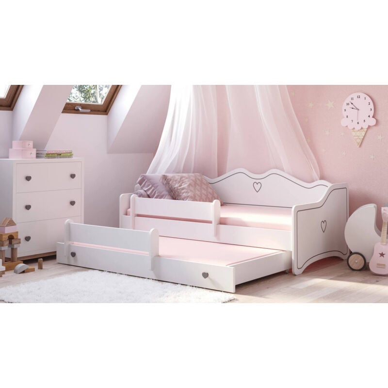 Dmora - Lit simple pour enfants, Canapé-lit avec deuxième lit gigogne, Lit bébé avec décoration et protection antichute, cm 164x88h70, Couleur Blanc