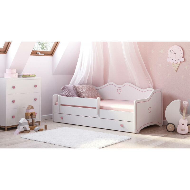 Dmora - Lit simple pour enfants décoré, Lit bébé décoré avec commode et protection antichute pour chambre, cm 164x85h70, couleur Blanc et Rose, avec