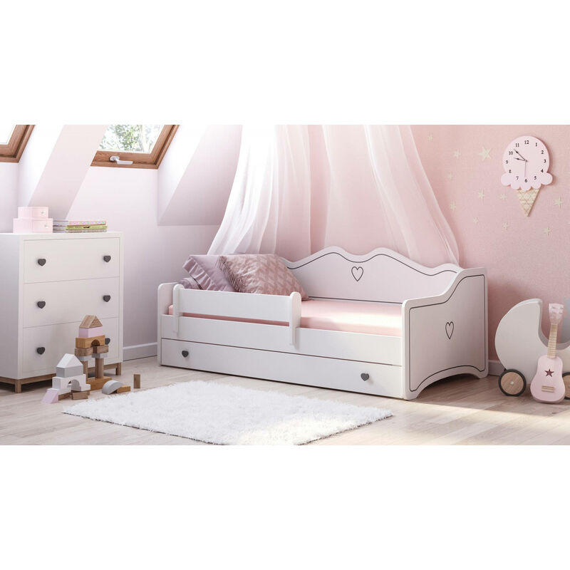 Lit simple pour enfants décoré, Lit bébé décoré avec commode et protection antichute pour chambre, cm 164x85h70, couleur Blanc et Gris, avec
