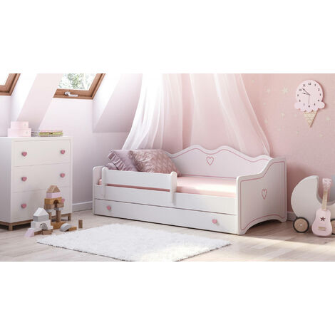Dmora Lit simple pour enfants décoré, Lit bébé décoré avec commode et protection antichute pour chambre, cm 164x85h70, couleur Blanc et Rose