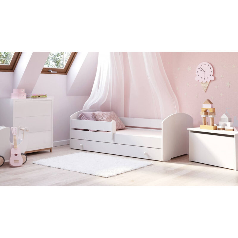 Lit simple pour enfants, Lit bébé avec commode et protection antichute, avec tête de lit ronde, cm 144x78h58, couleur Blanc - Dmora