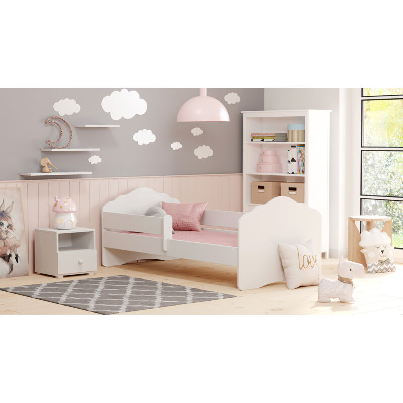 Dmora - Lit simple pour enfants, Lit pour enfants, Lit avec protection antichute et tête de lit 'nuage', cm 164x88h63, Couleur blanc