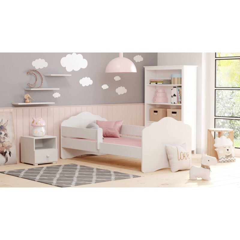 Dmora - Lit simple pour enfants, Lit pour enfants, Lit avec protection antichute et tête de lit 'nuage', cm 144x78h58, couleur Blanc