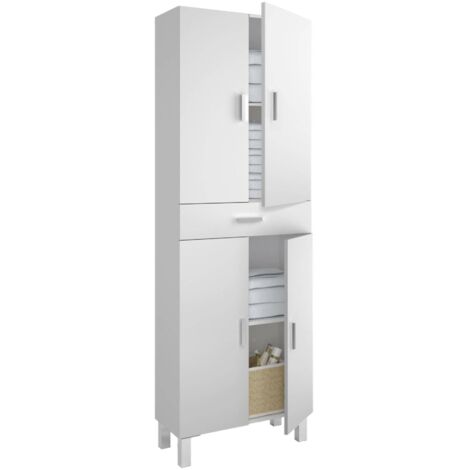 Dmora - Mehrzweck-Kabinett Dlobotk, Schrank für Badezimmer oder Waschküche mit 4 Türen und 1 Schublade, Mehrzweck-Schuhschrank, 60x29h182 cm, Glänzend Weiß