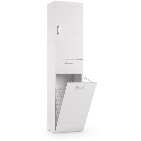 Dmora - Mehrzweckschrank Dcosim, Linearer Wäscheschrank mit 2 Türen, Badezimmersäule mit Wäschekorb, 100% Made in Italy, 45x32h195 cm, Weiß