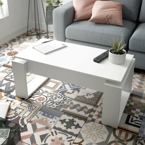 Dmora - Mesa baja Ddav, Mesa de centro con tapa elevable, Mesa de centro para la sala de estar, 105x55h45/56 cm, Blanco