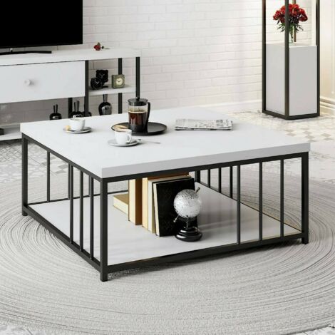 Dmora - Mesa de café Ankaa, Mesa de centro baja, Revistero para sofá, Estante de la sala de estar, 90x90h40 cm, Blanco y Negro, con embalaje reforzado