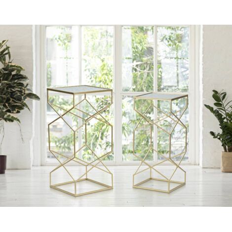Dmora - Mesa de café Bibbiena, Mesa de centro baja, Revistero para sofá, Estante de la sala de estar, Oro, 32x32 h68 cm