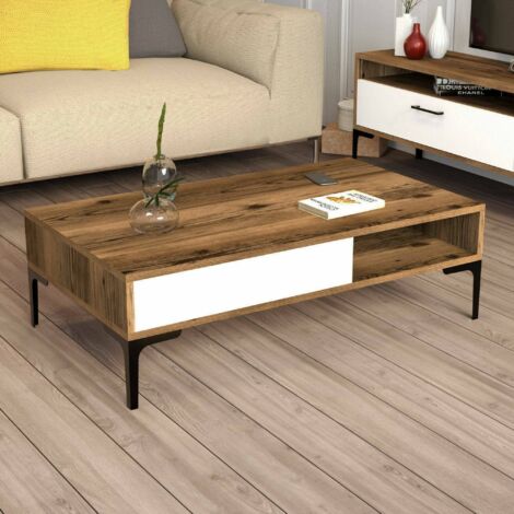 Dmora - Mesa de café Djagiell, Mesa de centro baja, Revistero para sofá, Estante de la sala de estar, 105x60h33 cm, Nogal y Blanco