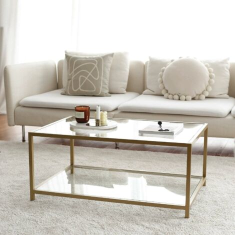 Dmora - Mesa de café Djureski, Mesa de centro baja, Revistero para sofá, Estante de la sala de estar, 90x60h40 cm, Oro
