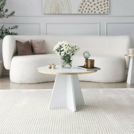 Dmora - Mesa de café Dkluiver, Mesa de centro baja, Revistero para sofá, Estante de la sala de estar, 60x60h40 cm, Oro y Blanco