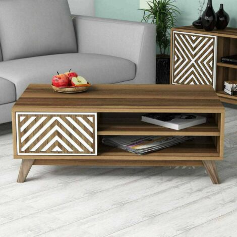 Dmora - Mesa de café Dpratell, Mesa de centro baja, Revistero para sofá, Estante de la sala de estar, 105x60h38 cm, Nogal y Blanco