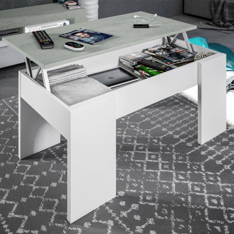 

Mesa de centro con tapa elevable y espacio de almacenamiento, color blanco mate con tapa de color cemento, 100 x 45 x 50 cm (altura regulable de 45 a