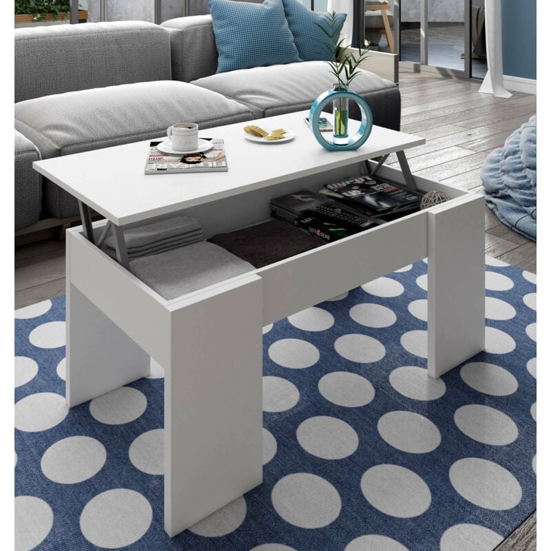 

Mesa de centro con tapa elevable y espacio de almacenamiento, color blanco brillo, 100 x 45 x 50 cm (altura regulable de 45 a 56 cm). - Dmora