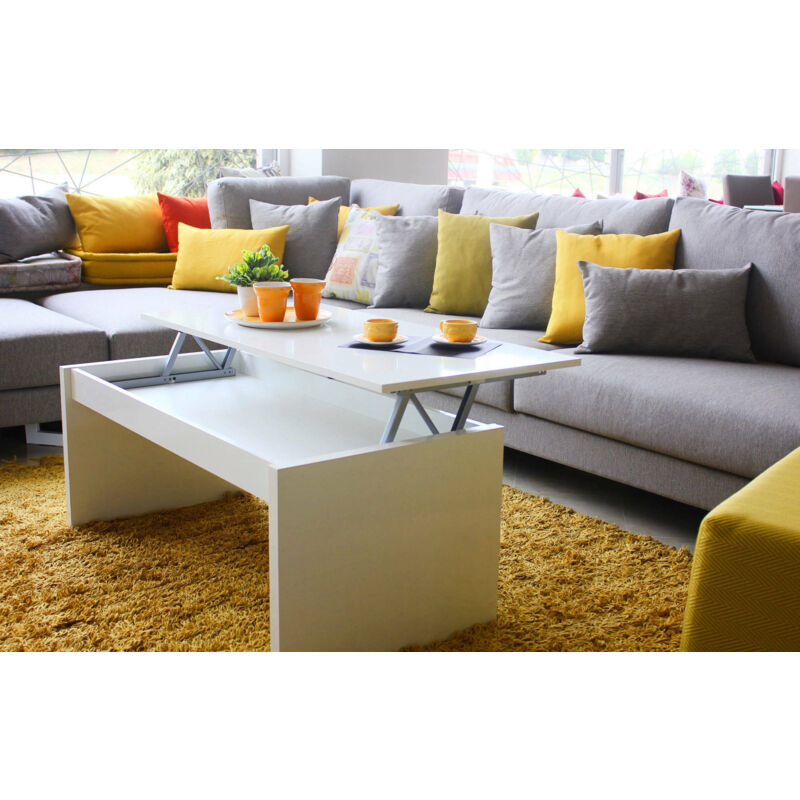 

Mesa de centro con tablero elevable y espacio de almacenamiento, 102 x 43 x 50 cm (altura de 43 a 54 cm), color blanco brillante - Dmora