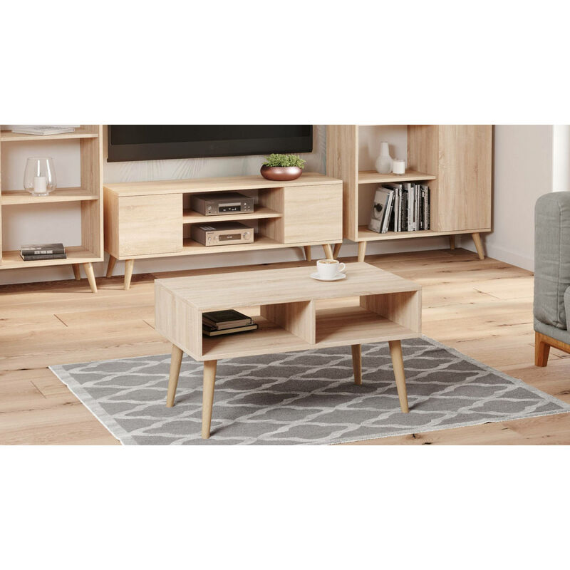 

Mesa de centro para salón, Revistero con 2 estantes y pies, estilo Scandi, cm 55x90h55, color Roble - Dmora