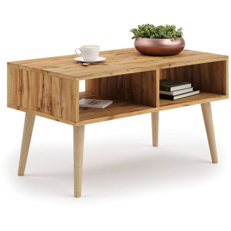 

Mesa de centro para salón, Revistero con 2 estantes y pies, estilo escandinavo, 55x90h55 cm, color arce - Dmora