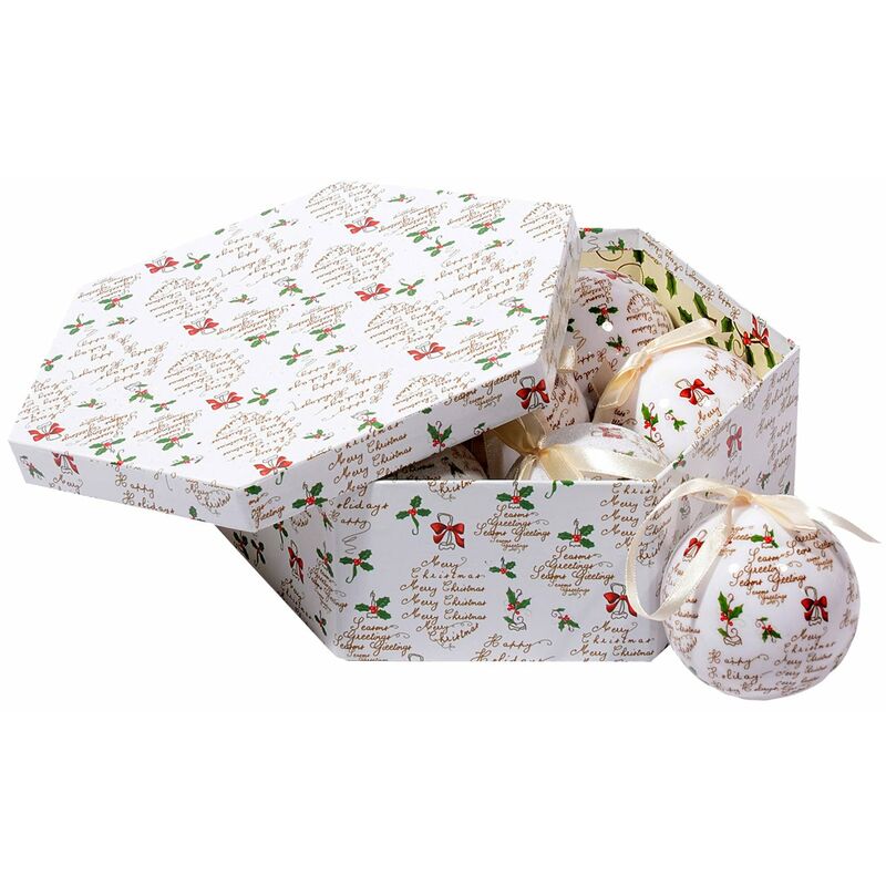 

Caja 7 Bolas de Navidad, Patrón escrito, Juego de surtido de bolas de Navidad, Caja hexagonal de árbol de Navidad, Diámetro 7,5cm, Blanco - Dmora