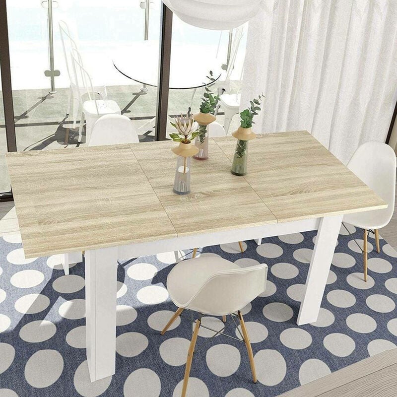 

Mesa de comedor extensible Caruso, roble canadiense y color blanco artik, 78 x 140 x 90 cm - Dmora