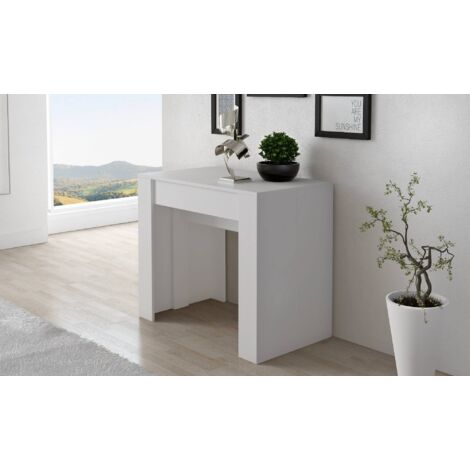 Dmora Mesa de comedor moderna, Consola extensible hasta 10 plazas, Medidas 90 x 51 x 77 cm (hasta 237 con extensiones), Color blanco, con embalaje reforzado