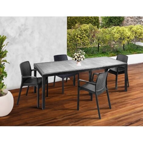 Dmora - Mesa de exterior Manarola, Mesa de comedor rectangular extensible con 4 sillas incluidas, Mesa y asientos de jardín efecto ratán, 100% Made in Italy, Antracita