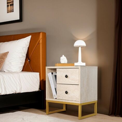 Dmora - Mesa de noche Rhiannon, Cómoda baja, Mesilla de noche, Estante de la cama, 45x30 h50 cm, Beige y oro\