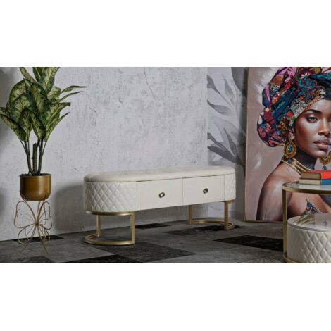 Dmora - Mesa Golfo, Banco multiusos, Asiento de invitados, Cofre multifuncional, 120x40 h43 cm, Blanco y Oro