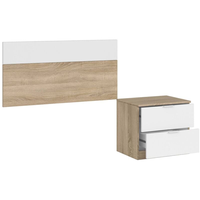 

Mesita de noche de dos cajones con cabecero para cama individual de 90 cm, color roble y blanco, 150 x 50 x 38 cm. - Dmora