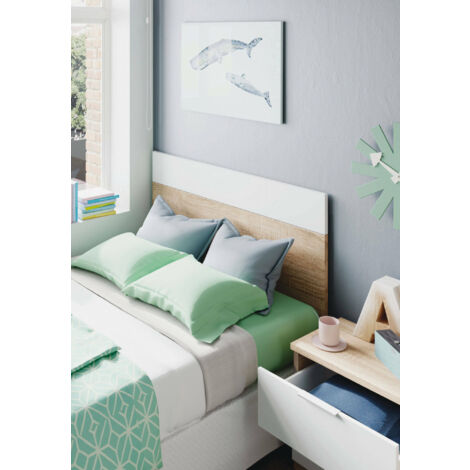 Dmora Mesilla de noche Honolulu, Mesita de noche de dos cajones con cabecero para cama individual de 90, cm 150x50x38, cm 50x38h75, Roble y Blanco, con embalaje reforzado