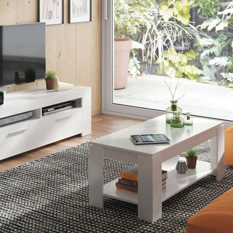 

Mesa de centro con tapa elevable y espacio de almacenamiento y balda inferior, color blanco mate, 102 x 43 x 50 cm (altura regulable de 43 a 54 cm).